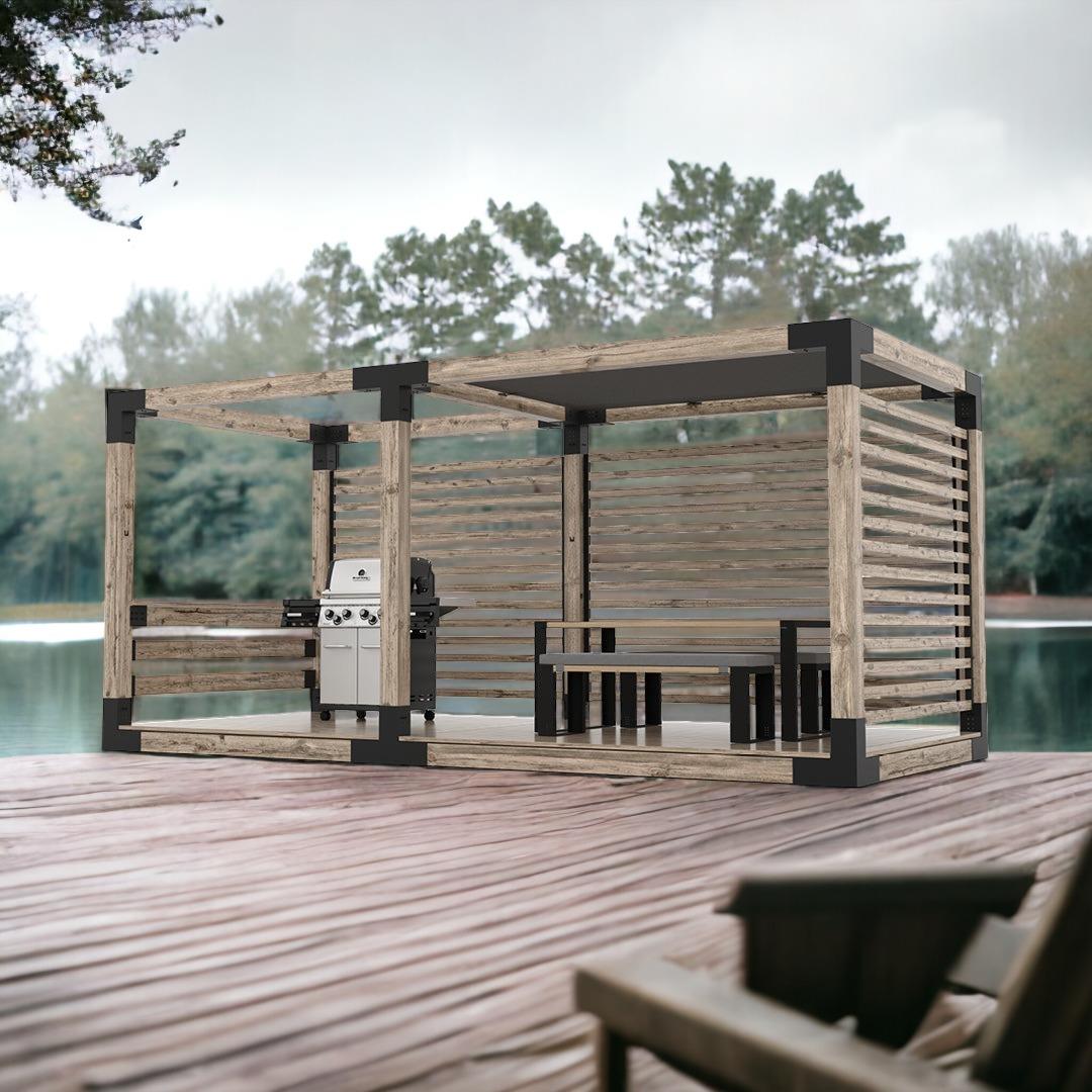 ARD470 Çift Bölümlü Gölgelikli Deck Tabanlı Barbekü Ahşap Pergola
